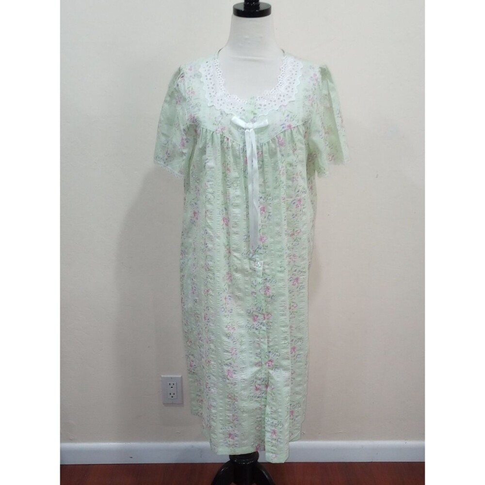 Pale Green Floral Button Front Nightgown House Dress , Size S - Vintage 80s
